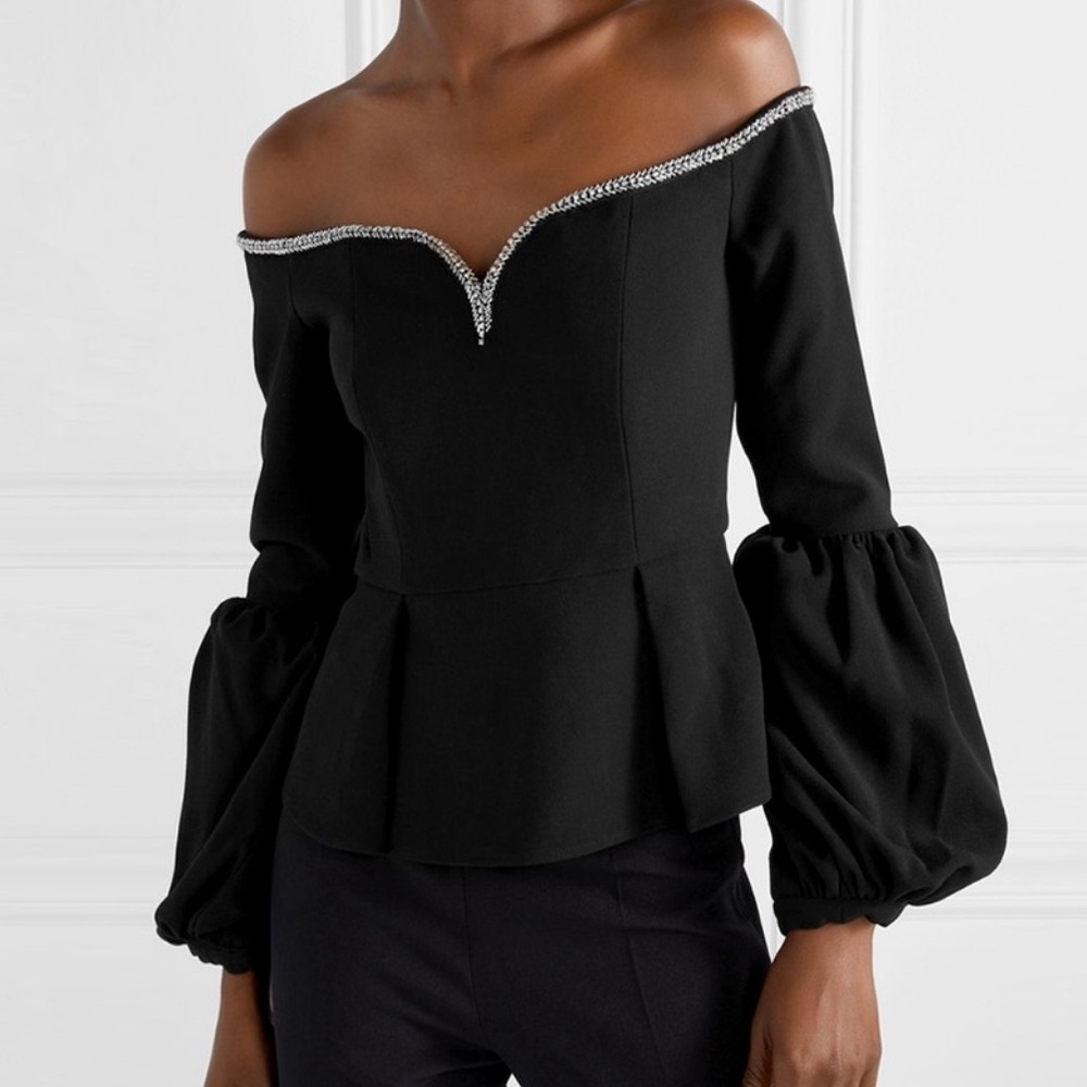 ⭐️NWT Self-Portrait Black Off Shoulder puff sleeve blouse crystal  hem⭐️